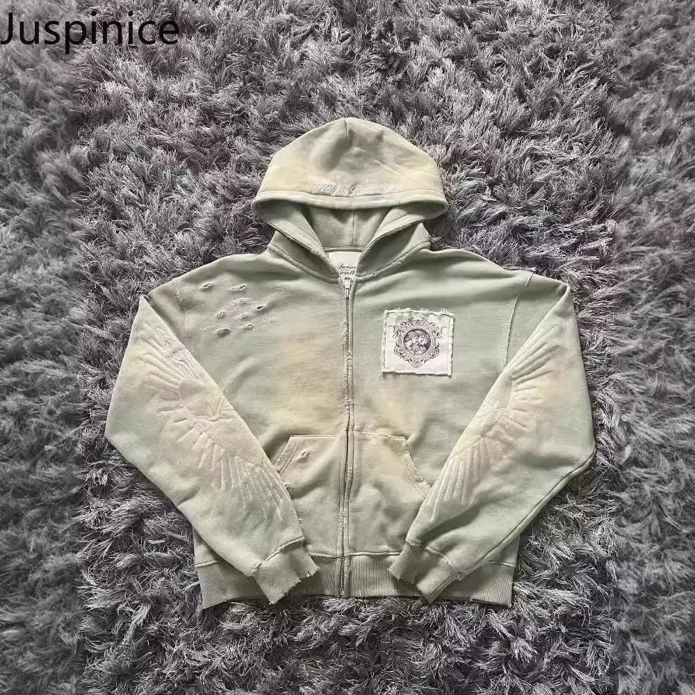 Juspinice Korean Fashion New Printed Hoodie Short Hoodie 2025 New Versatile Zipper Cardigan Jacket Male Clothing