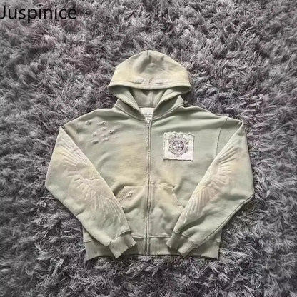 Juspinice Korean Fashion New Printed Hoodie Short Hoodie 2025 New Versatile Zipper Cardigan Jacket Male Clothing