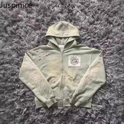 Juspinice Korean Fashion New Printed Hoodie Short Hoodie 2025 New Versatile Zipper Cardigan Jacket Male Clothing