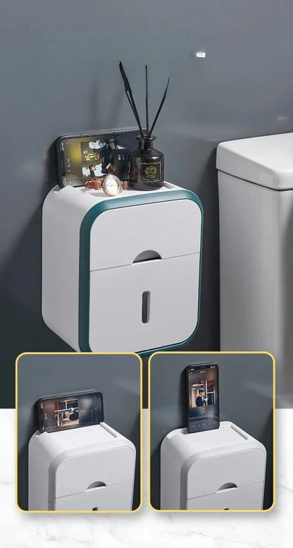 Storage Box Toilet Paper Organizer Waterproof High Capacity Dust-proof Punch-free Wall Mounted Roll Paper Bathroom Home Supplies