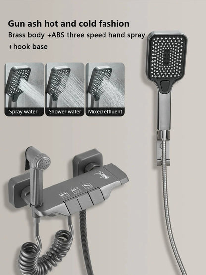 Modern Shower System Full Set Grey 2 Way Piano Keys Bathroom Shower Set Wall Mounted Brass Bathtub Digital Display Shower Faucet