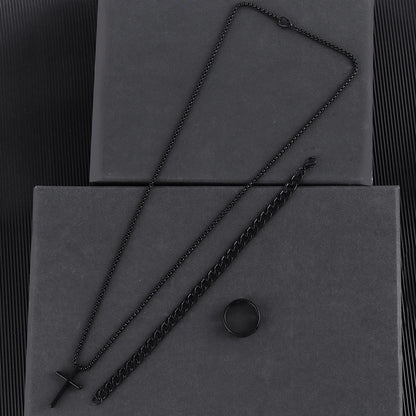 3pcs Set Men's Stainless Steel Metal Cross Pendant Chain Necklace Bracelet Ring Jewelry Set Male Hip Hop Daily Wear Accessories