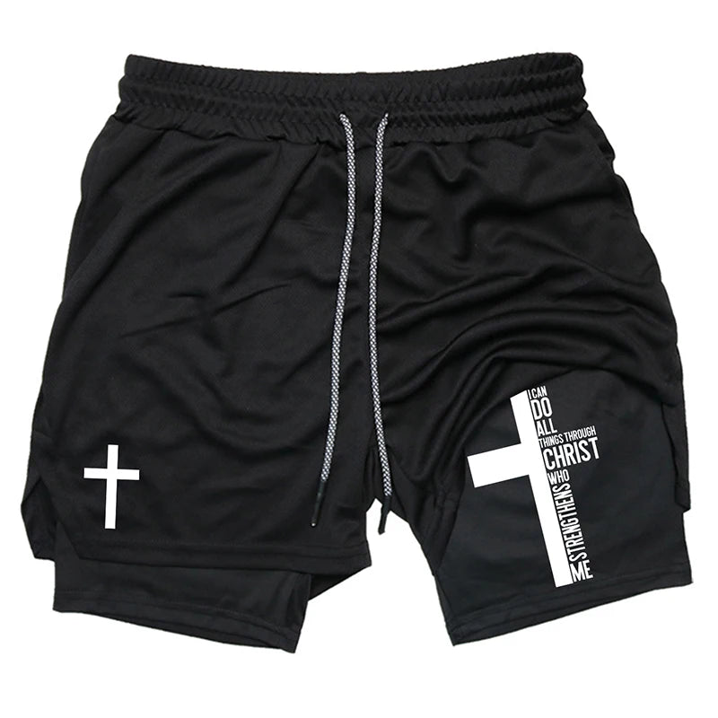 Print 2 in 1 Running Workout Shorts for Men Christian Gym Athletic Performance Shorts with Phone Pocket Towel Loop Activewear