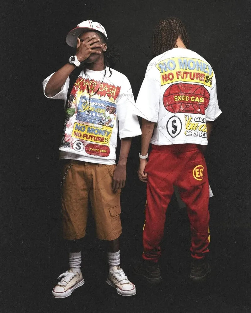 New American Hip-hop Harajuku Oversized Graphics Top Y2K Casual High Street Trendy Pure Cotton Round Neck T-shirt Streetwear Men