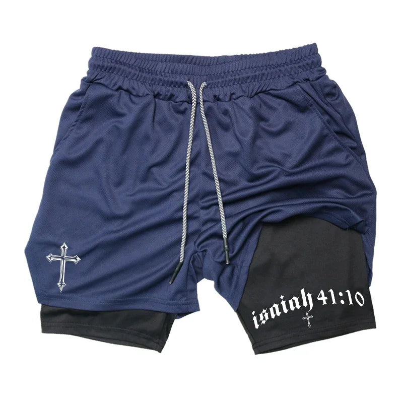 Men's BiBible patterned two-in-one sports shorts Christian fitness training mobile phone pocket running