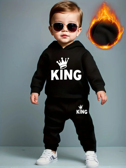 Baby Boy KING Crown Pattern Fleece Hoodie+Casual Pants Two Piece Set Spring and Autumn Sportswear