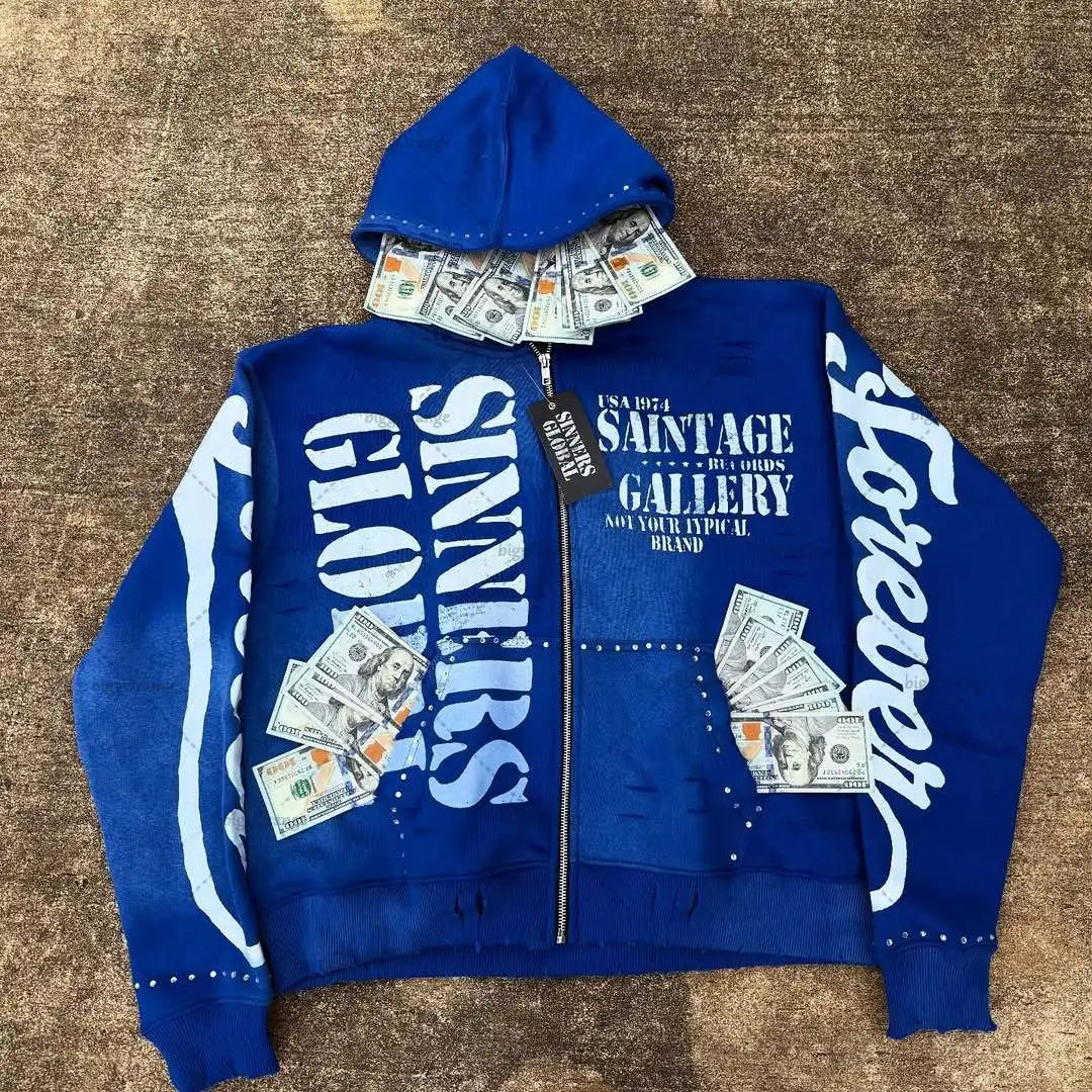 Casual Fashion Harajuku Letter Print Oversized Zipper Hoodie Men Y2K 2025 New American Hip-hop Rock Retro Loose Sweatshirt Women