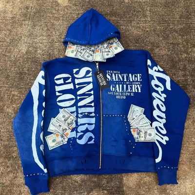 Casual Fashion Harajuku Letter Print Oversized Zipper Hoodie Men Y2K 2025 New American Hip-hop Rock Retro Loose Sweatshirt Women