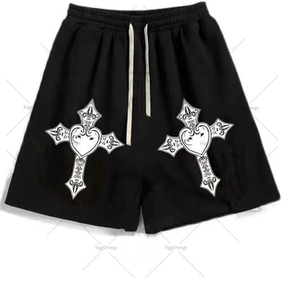 Street Hip-hop Cross Design Pattern Loose Casual Shorts Men American Y2K Harajuku Oversized Fashion Versatile Mid-pants Women