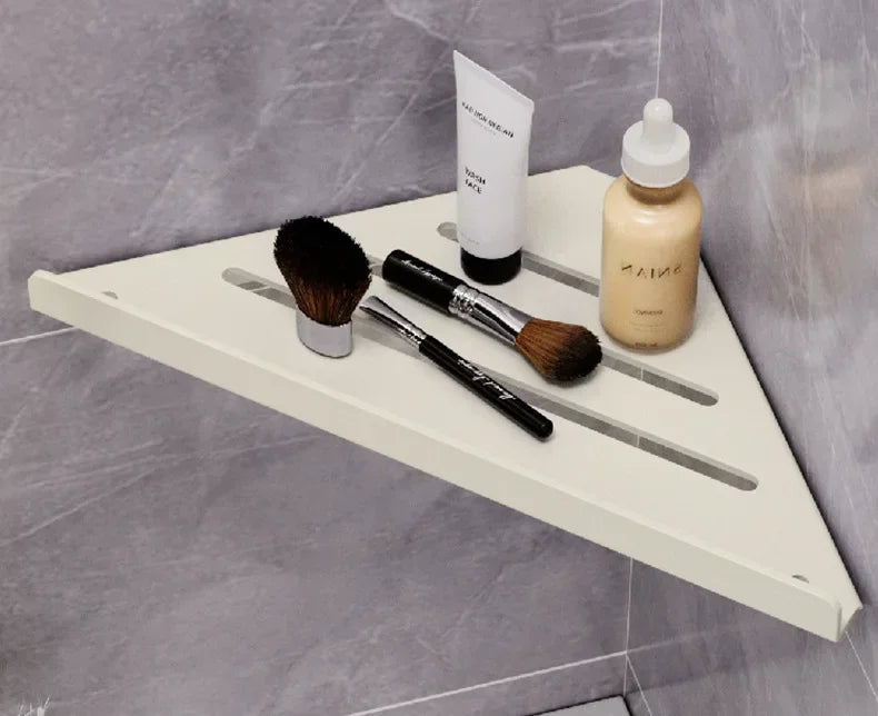 Bathroom Stainless Triangle Drain Shelf No Drilling Wall Mounted Cosmetic and Toiletries Carbon Steel Shelf with Hooks Holder