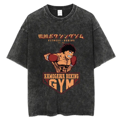 Vintage Cotton Washed T-Shirt Anime Hajime No Ippo Kamogawa Boxing Gym Loose T Shirts Men Women Y2K Hip Hop Summer Top Tee