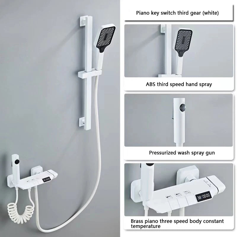 Modern Shower System Full Set Grey 2 Way Piano Keys Bathroom Shower Set Wall Mounted Brass Bathtub Digital Display Shower Faucet