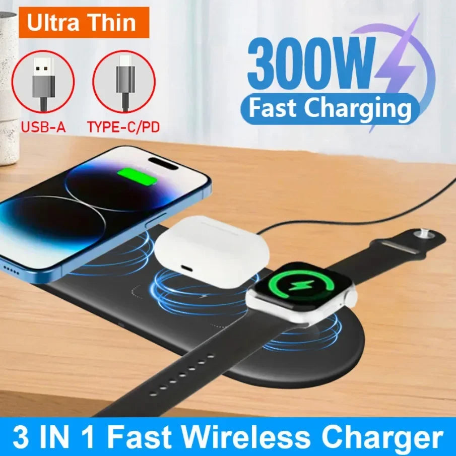 300W 3 In 1 Wireless Charger Stand Pad Super Fast Charging Dock Station for Apple Devices iPhone 16 15 14 13 iWatch 1-9 Airpods