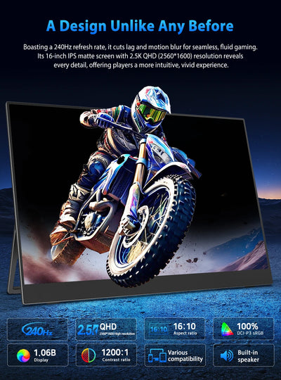 UPERFECT 16" 2K 240Hz Portable Monitor 100%DCI-P3 16:10 HDR FreeSync IPS Eye Care External Gaming Display For PC XBox PS5 Switch