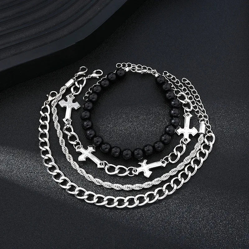 4 Pcs Stainless Steel Bracelet Set For Men Women Punk Fashion Cross Beads Chain Bracelets Simple Hip Hop Unisex Jewelry Gift New