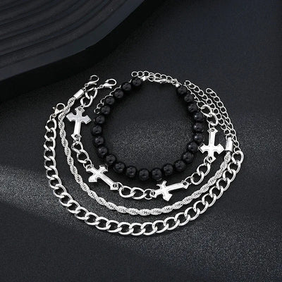 4 Pcs Stainless Steel Bracelet Set For Men Women Punk Fashion Cross Beads Chain Bracelets Simple Hip Hop Unisex Jewelry Gift New