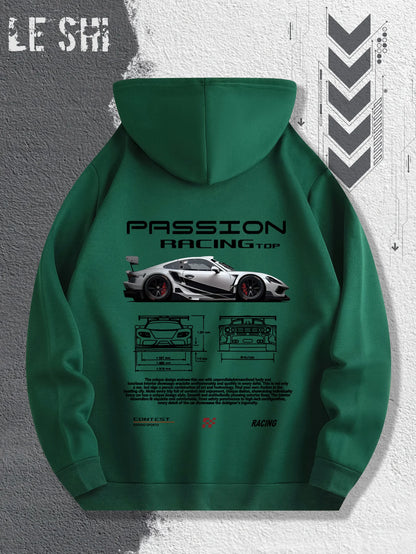 Men'S Passionate Racing Graphic Hoodie Featuring Race Cars and Sports Car Illustrations, Perfect for Everyday Wear
