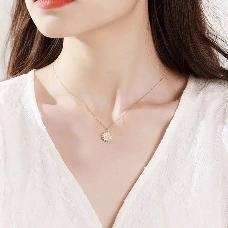 Classic Sunflower Cubic Zirconia Pendant Necklaces For Women Gold Color Alloy Rotate Necklace Daily Jewelry