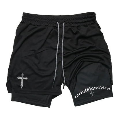 Men's BiBible patterned two-in-one sports shorts Christian fitness training mobile phone pocket running
