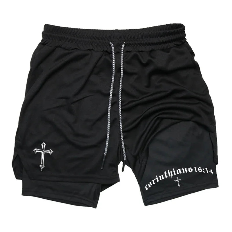 Men's BiBible patterned two-in-one sports shorts Christian fitness training mobile phone pocket running