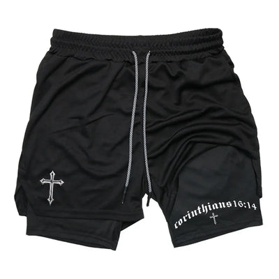 Men's BiBible patterned two-in-one sports shorts Christian fitness training mobile phone pocket running