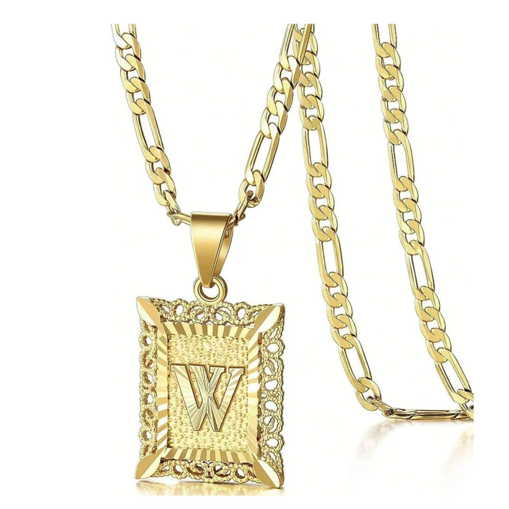 Initial Necklace Square Letter Pendant Necklace Capital Monogram Necklace Alhpabets From A-Z Figaro Chain Necklace