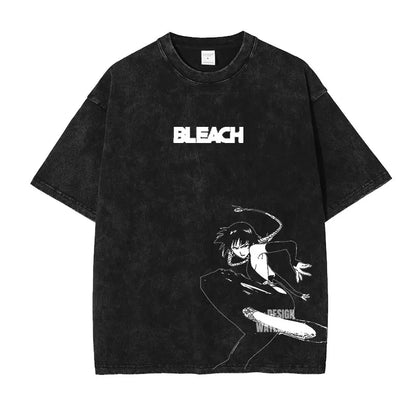 Anime Zaraki Kenpachi T Shirts Oversized Vintage Washed B-Bleach T-shirt Manga Kurosaki Ichigo T Shirt Renji Uryuu Tops Tees Man