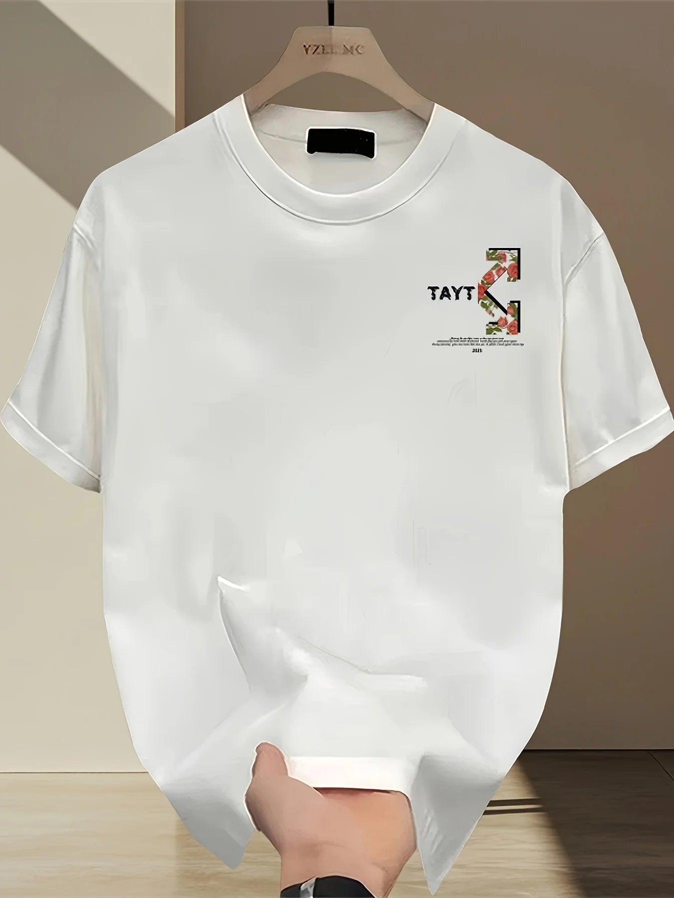 Cotton Graphic Tee 100 Cotton Men's Graphic T Shirt Heavyweight Black Geometric Floral Print with Pink Roses Green Leaves