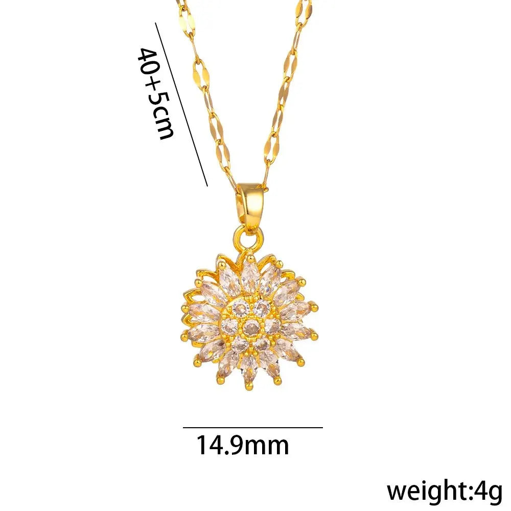 Classic Sunflower Cubic Zirconia Pendant Necklaces For Women Gold Color Alloy Rotate Necklace Daily Jewelry