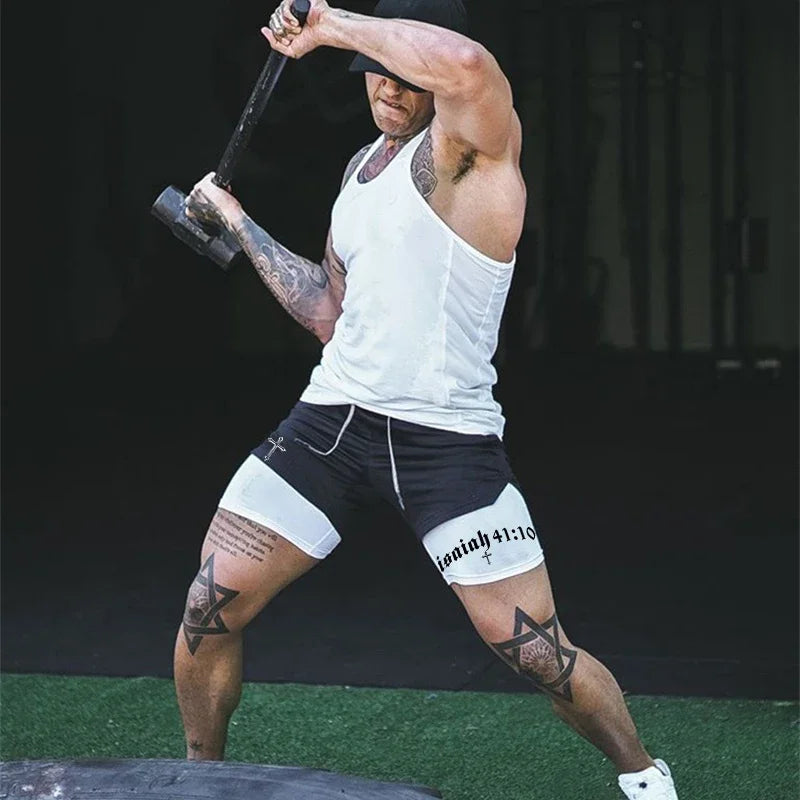 Men's BiBible patterned two-in-one sports shorts Christian fitness training mobile phone pocket running