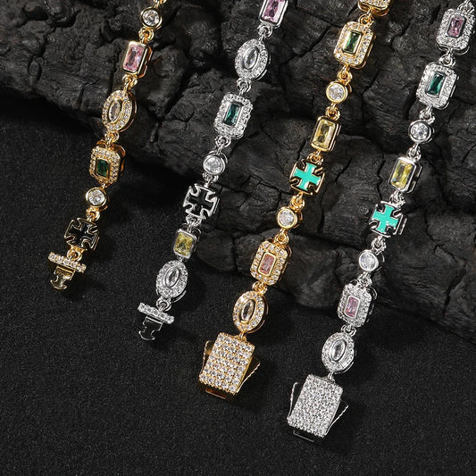 6mm Multicolor Gemstone Tennis Chain Bracelet for Women Men Iced Out Round/Square CZ Enameled Cross Bracelet Fashion Jewelry