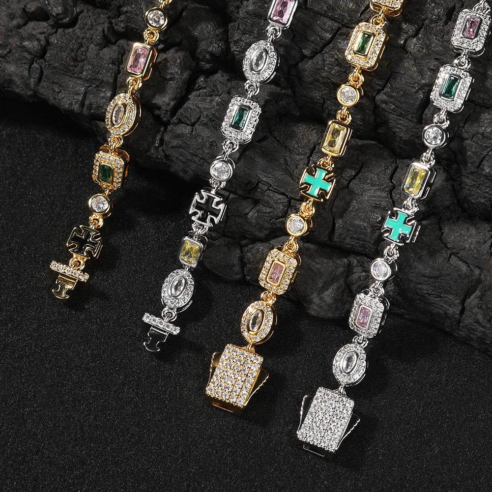 6mm Multicolor Gemstone Tennis Chain Bracelet for Women Men Iced Out Round/Square CZ Enameled Cross Bracelet Fashion Jewelry