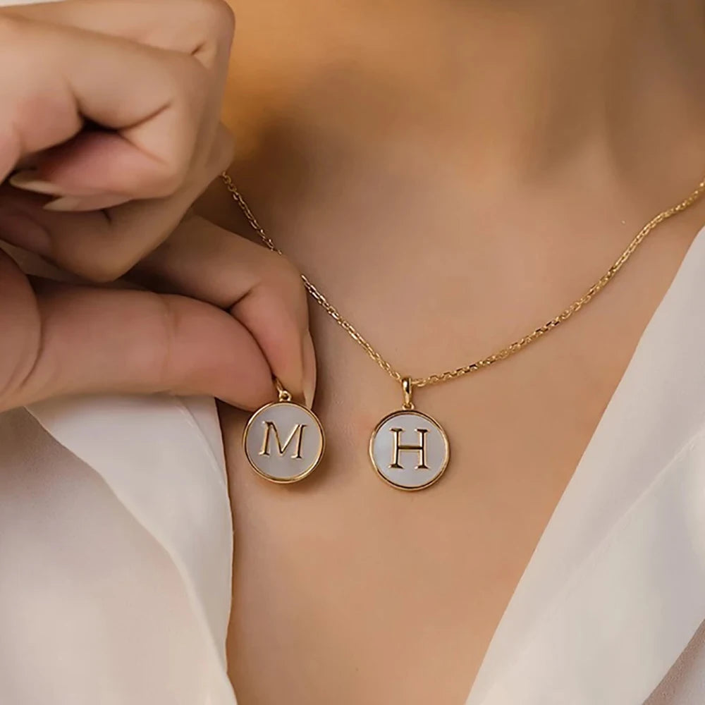 MHS.SUN Round Gold Color Initial Letter Necklace Shell Circle Pendant Necklaces For Women Men Stainless Steel Chain Jewelry Gift