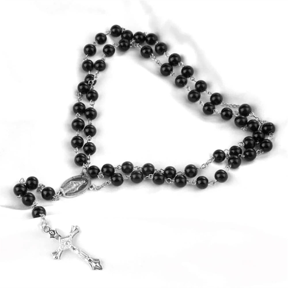 1pcs Handmade Necklace Ladies Imitation Vintage Style Pearl Rosary Beads With Cross Pendant Jewelry