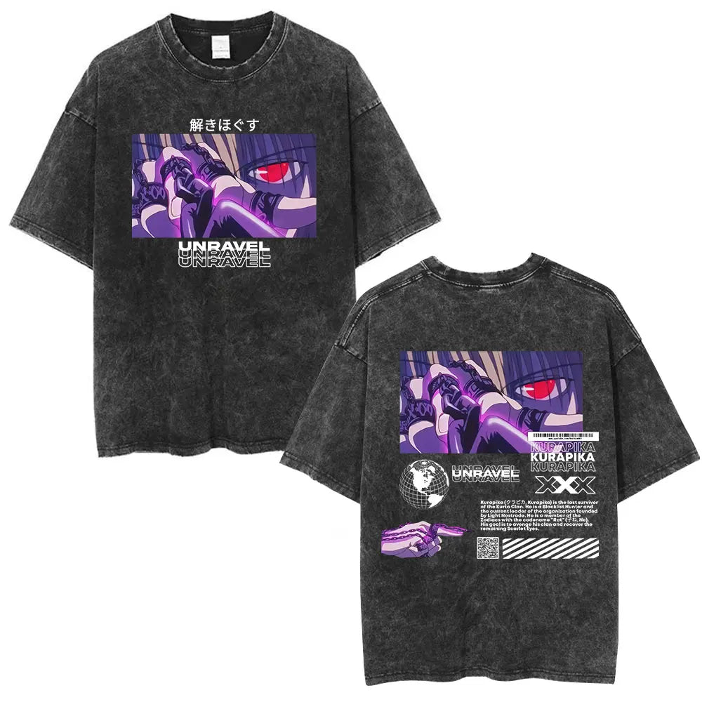 Anime Hunter X Hunter Logo Vintage Washed T Shirt Killua Gon Cherry Blossom Graphic T-shirt Men Fashion Casual Oversized Tshirt