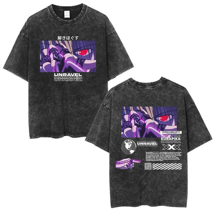 Anime Hunter X Hunter Logo Vintage Washed T Shirt Killua Gon Cherry Blossom Graphic T-shirt Men Fashion Casual Oversized Tshirt