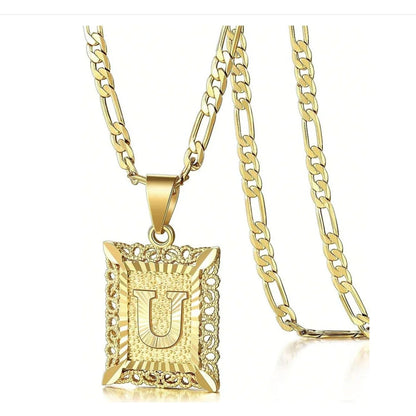 Initial Necklace Square Letter Pendant Necklace Capital Monogram Necklace Alhpabets From A-Z Figaro Chain Necklace