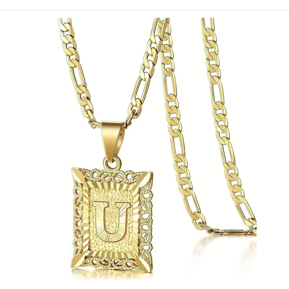 Initial Necklace Square Letter Pendant Necklace Capital Monogram Necklace Alhpabets From A-Z Figaro Chain Necklace