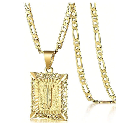 Initial Necklace Square Letter Pendant Necklace Capital Monogram Necklace Alhpabets From A-Z Figaro Chain Necklace