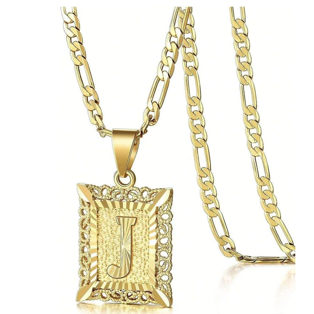 Initial Necklace Square Letter Pendant Necklace Capital Monogram Necklace Alhpabets From A-Z Figaro Chain Necklace