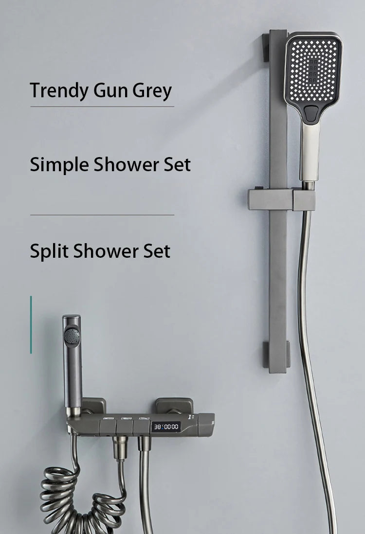 Modern Shower System Full Set Grey 2 Way Piano Keys Bathroom Shower Set Wall Mounted Brass Bathtub Digital Display Shower Faucet