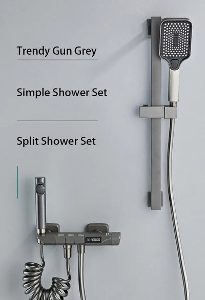 Modern Shower System Full Set Grey 2 Way Piano Keys Bathroom Shower Set Wall Mounted Brass Bathtub Digital Display Shower Faucet
