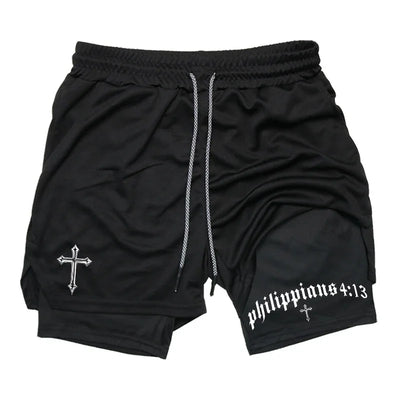 Men's BiBible patterned two-in-one sports shorts Christian fitness training mobile phone pocket running