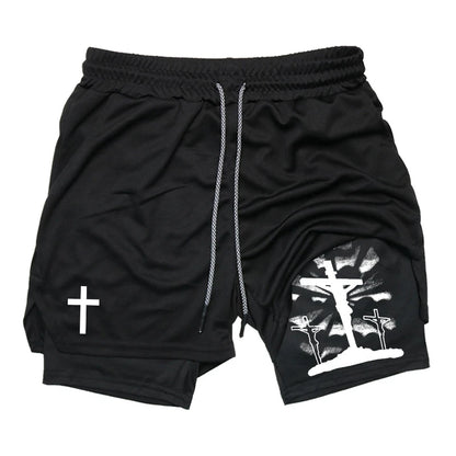 Print 2 in 1 Running Workout Shorts for Men Christian Gym Athletic Performance Shorts with Phone Pocket Towel Loop Activewear