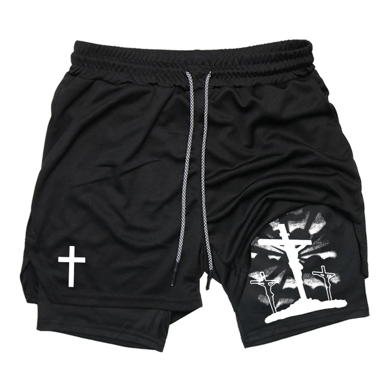 Print 2 in 1 Running Workout Shorts for Men Christian Gym Athletic Performance Shorts with Phone Pocket Towel Loop Activewear