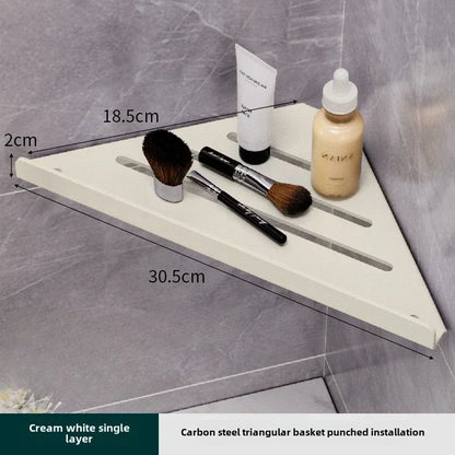 Bathroom Stainless Triangle Drain Shelf No Drilling Wall Mounted Cosmetic and Toiletries Carbon Steel Shelf with Hooks Holder