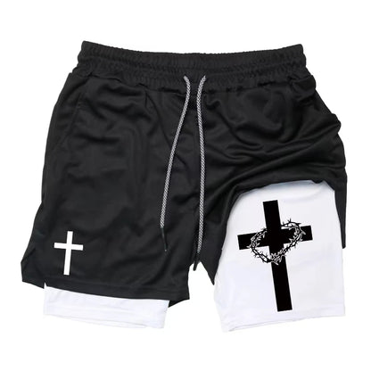 Summer New Shorts Man Cross Bible Print Gym Fitness Shorts Women's Sports Double-layer 2-in-1 Pant Quick-Drying Beach Shorts Y2k