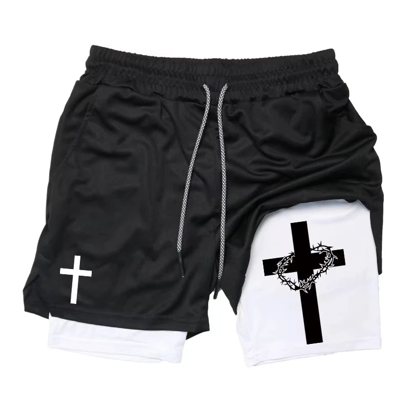 Summer New Shorts Man Cross Bible Print Gym Fitness Shorts Women's Sports Double-layer 2-in-1 Pant Quick-Drying Beach Shorts Y2k