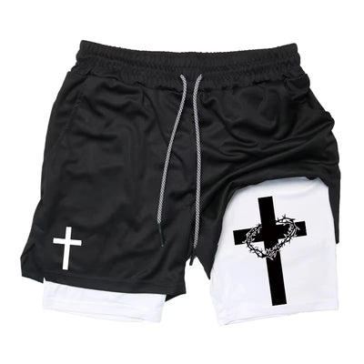 Summer New Shorts Man Cross Bible Print Gym Fitness Shorts Women's Sports Double-layer 2-in-1 Pant Quick-Drying Beach Shorts Y2k