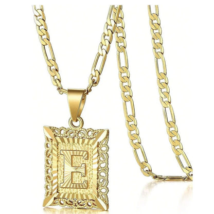 Initial Necklace Square Letter Pendant Necklace Capital Monogram Necklace Alhpabets From A-Z Figaro Chain Necklace